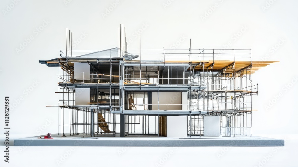 Poster a building under construction with scaffolding and construction materials on a white background, hig