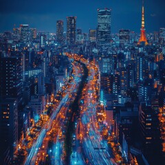 Fototapeta premium Night cityscape, aerial view of a city with a river and illuminated roads, skyscrapers, and a tower.