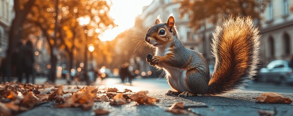 Obraz premium A squirrel holds a nut amidst fallen leaves during a sunset in an urban setting.