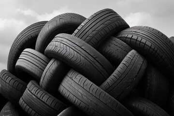 Obraz premium Old tires stacked artfully in urban environment capturing the beauty of recycled materials against a dramatic sky artistic photography industrial concept black and white viewpoint
