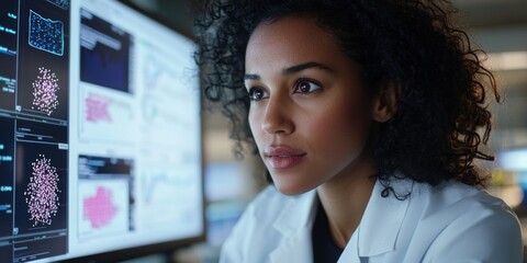 AI Genomics Scientist Analyzing DNA Data on Screen