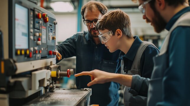 An apprentice and teacher collaborate at a CNC machine, showcasing vocational training and craftsmanship.