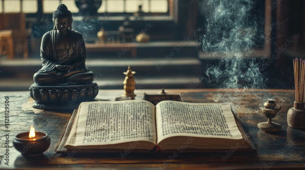 Poster a calm scene of an open tripitaka manuscript with pali text, incense burning gently, and a buddha st
