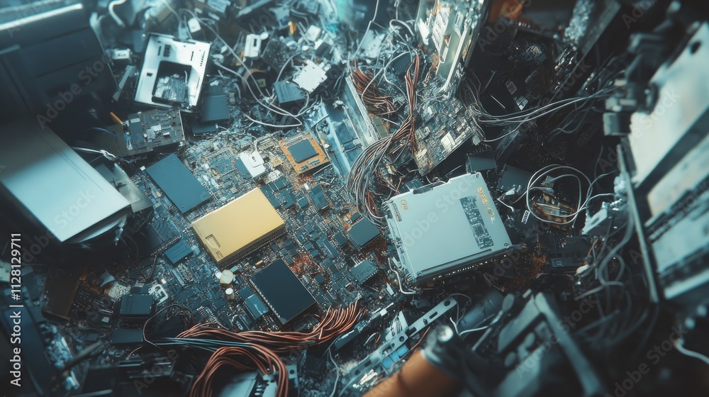 Poster a chaotic assortment of electronic waste featuring broken circuit boards, tangled wires, and discard