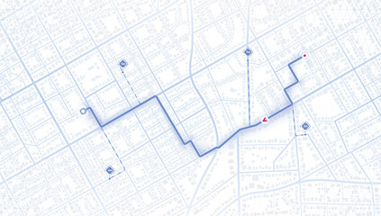 City map featuring directional signs, an intended goal point and multiple markers. Abstract GPS navigation, car location and map pointer. Vector illustration with route, alternative paths.