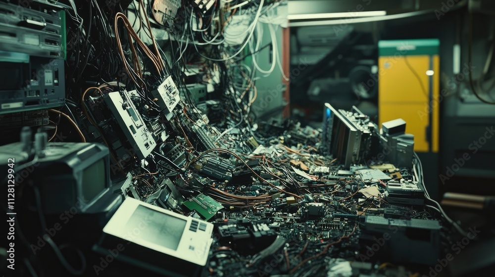 Poster a chaotic heap of tangled wires and circuit boards, showcasing the mess of electronic waste, with br
