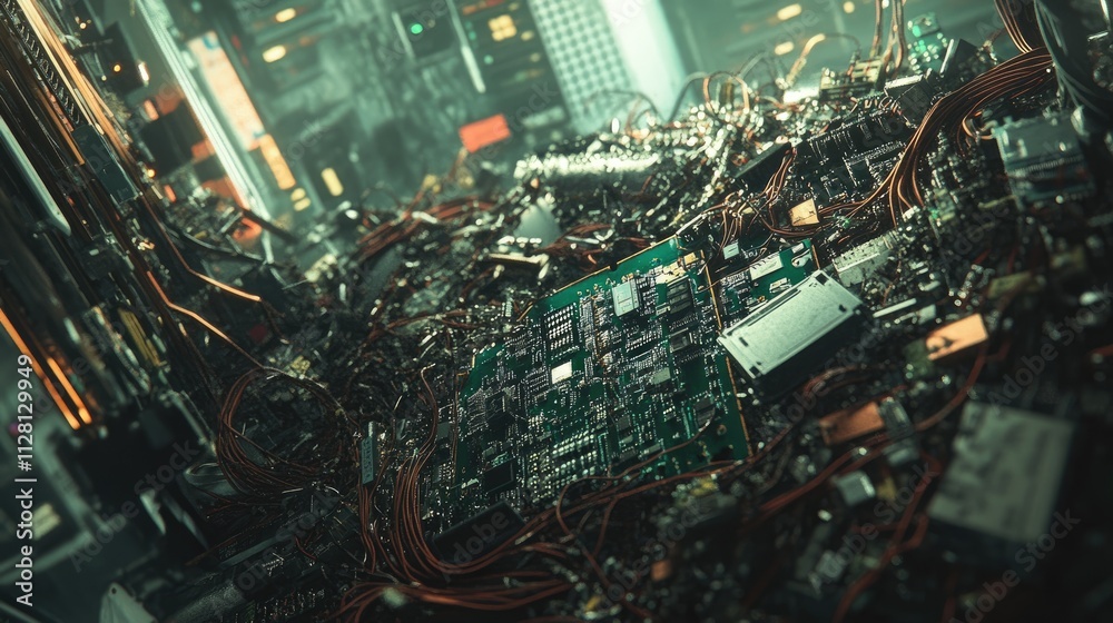 Poster a chaotic heap of tangled wires and circuit boards, showcasing the mess of electronic waste, with br