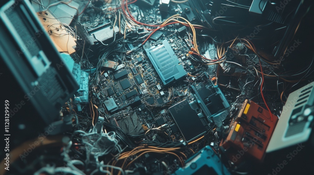 Poster a chaotic assortment of electronic waste featuring broken circuit boards, tangled wires, and discard