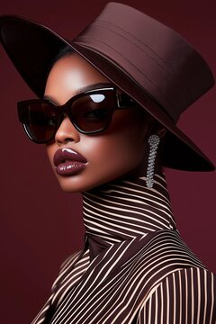 Futuristic look: Model in brown and chocolate outfit with sunglasses and stylish hat

