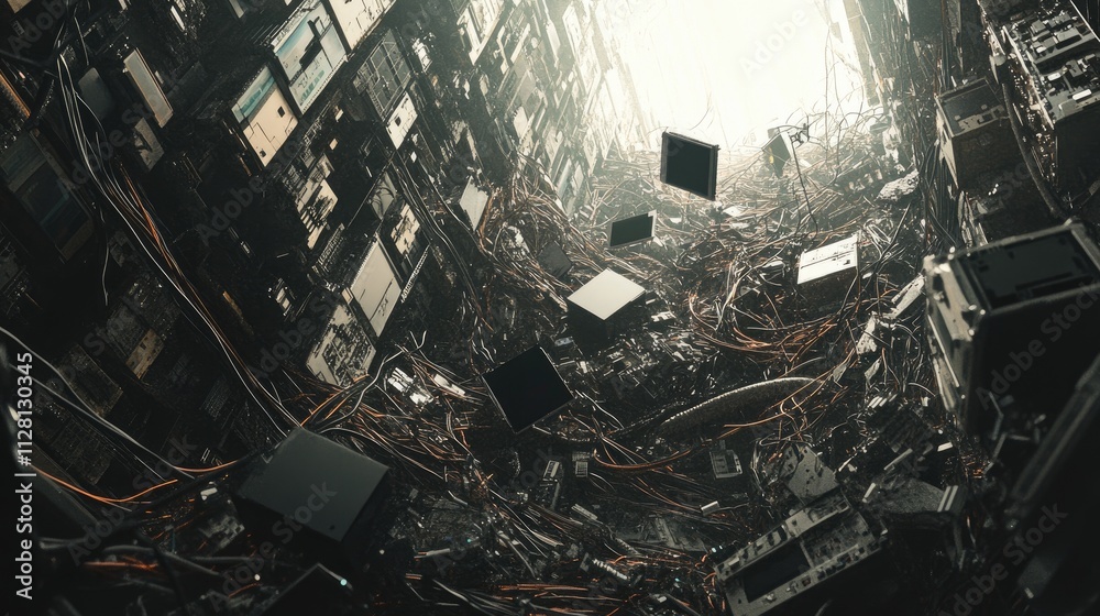 Poster a chaotic scene of discarded electronic components, with tangled wires and malfunctioning circuit bo