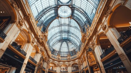Obraz premium A chic luxury mall with a beautiful glass dome ceiling, natural light flooding the space, and high-end boutiques creating an upscale shopping atmosphere