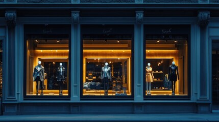 A chic storefront featuring elegant mannequins dressed in stylish fashion, lit beautifully with warm evening lights for an upscale shopping experience