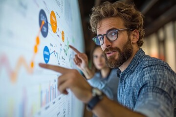 A man and a woman analyze data on a large screen, discussing insights and trends.