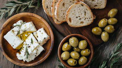 Olives with feta cheese and bread top view bread. A delicious spread featuring creamy feta cheese, green olives, and crusty bread, perfect for appetizers or a snack.