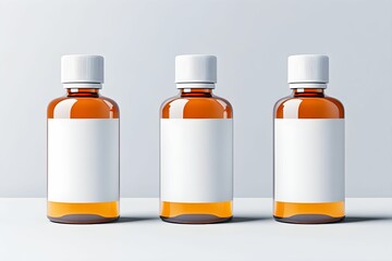 Three amber glass bottles with white labels, arranged in a row against a light background, suggesting a focus on packaging and branding.