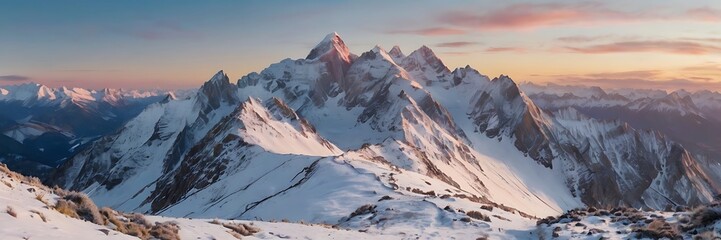 Obraz premium Scenic Winter Landscape with Snow-Covered Path, Frosted Trees, and Majestic Mountains at Sunrise
