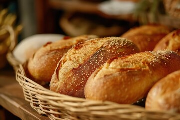 Freshly baked loaves of bread in a rustic basket on a wooden table