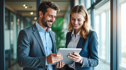 Business meeting with smiling man and woman in suits using tablet. Professional colleagues discussing ideas, teamwork in office setting. Modern corporate workspace, technology, collaboration