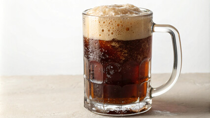A frothy pint of root beer, full to the brim, rests in a cool, inviting mug