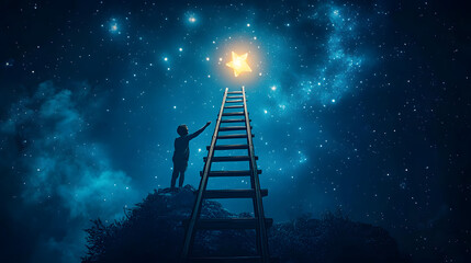 Ladder reaching towards a star, ambition and dreams, night sky.