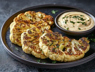 Grilled cauliflower steaks served with a creamy dipping sauce on a dark plate.