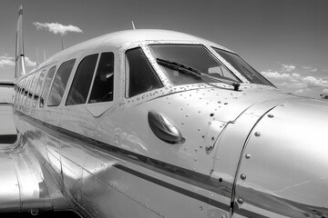 Close-up of a vintage airplane cockpit in black and white.