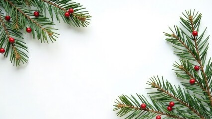 White Christmas background with tree branches decorated with red berries or little balls with copy space in the middle. Mockup design of New Year invitation card. Top view. Natural decor. Ad place