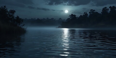 Serene Lake at Dawn with Misty Reflections and Soft Sunlight Amid Overcast Skies