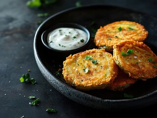 A plate of crispy fried green tomatoes served with a creamy dipping sauce.