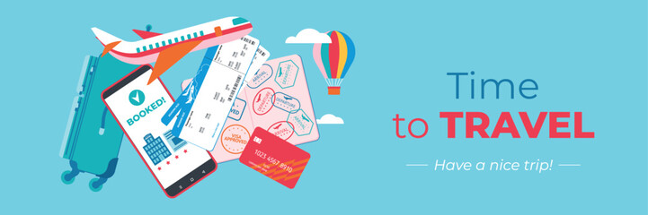 Beautiful background with travel and flight symbols. Flight backdrop with airplane, ticket, bank card, hotel reservation, passport, visa stamp. Banner, flyer, coupon, voucher