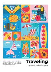 Fototapeta premium Creative geometric background of sea traveling. Diving and surfing. Summer vacation in the tropics with symbols of beach, sea, tropical plants, fish, toucan, fruits. Poster, flyer, cover