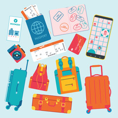 Set of travel objects: luggage, passport, ticket, bank card, visa stamp, hotel reservation, camera, map. Traveling isolated vector object