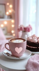 Fototapeta premium A charming pink coffee cup with intricate latte art sits gracefully on a table near a decadent chocolate cake, all set against a cozy, softly lit background filled with pink hues