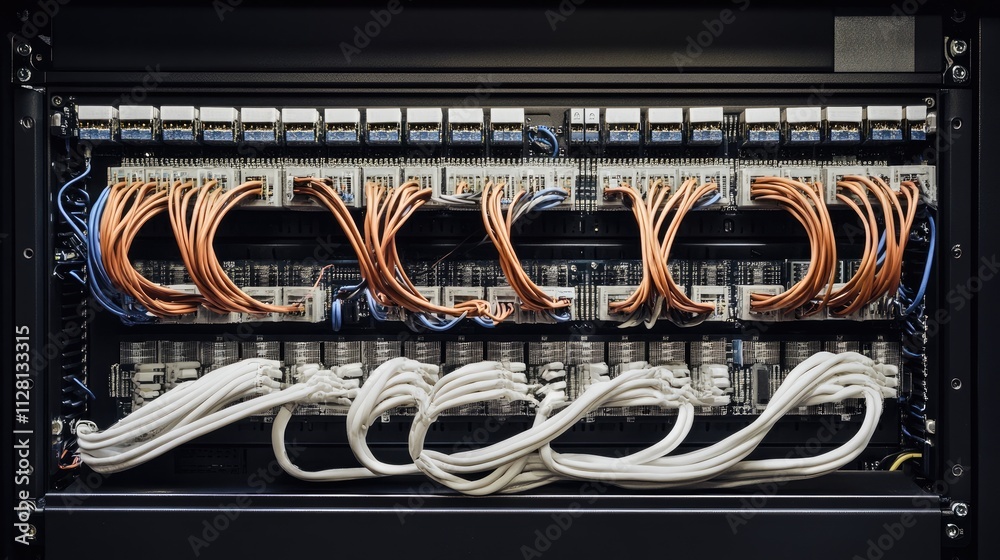 Poster A detailed view of network cables connected to computer switches in a server rack, illustrating the complexity of modern networking systems