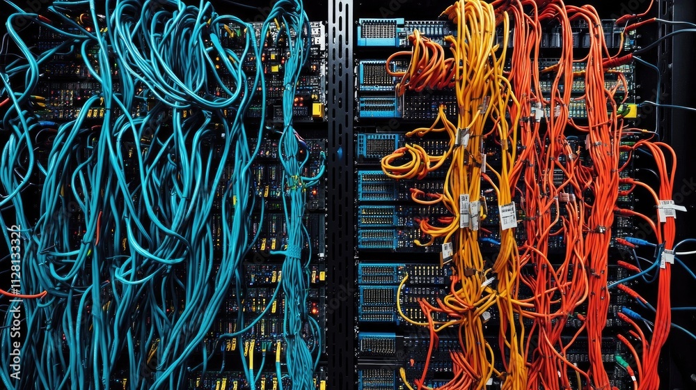 Poster A detailed view of network cables connected to computer switches in a server rack, illustrating the complexity of modern networking systems