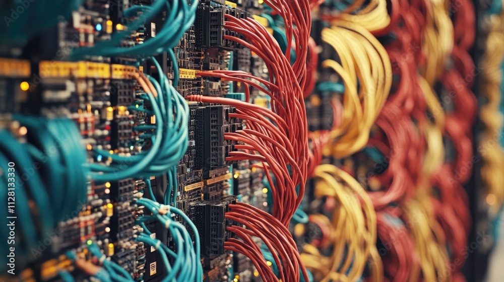 Aufkleber A detailed view of network cables connected to computer switches in a server rack, illustrating the complexity of modern networking systems