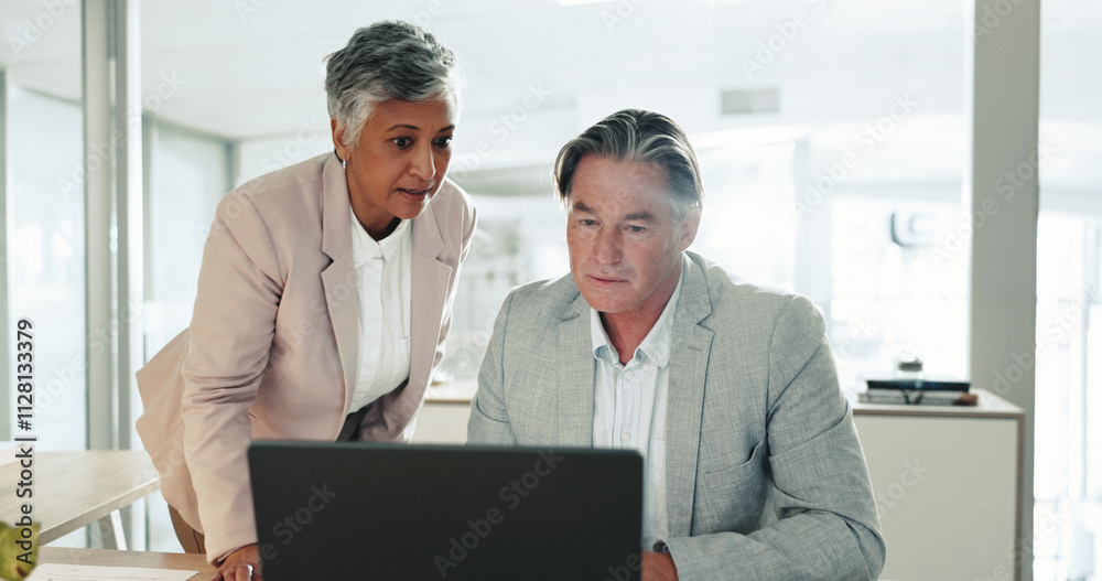 Poster collaboration, laptop and review with business people at desk in office together for management. com