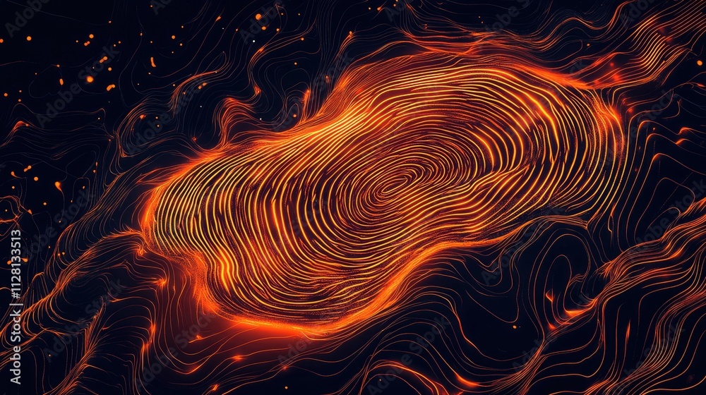 Poster a digital fingerprint in vibrant orange, representing security and technology, with intricate detail