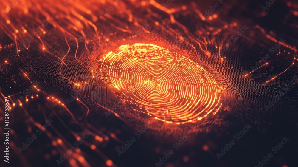 Poster a digital fingerprint in vibrant orange, representing security and technology, with intricate detail