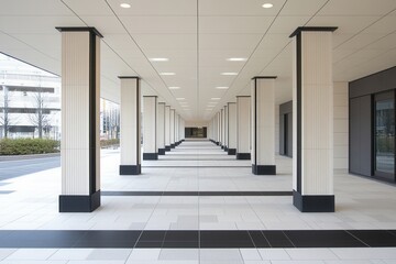 Modern architectural corridor with columns and tiles.