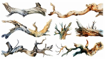 Fototapeta premium Watercolor painting of twelve diverse dry tree branches isolated on white background.
