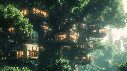 Fototapeta premium Floating Gardens City Enchanted Forest Digital Art Whimsical Environment Aerial View Urban Fantasy
