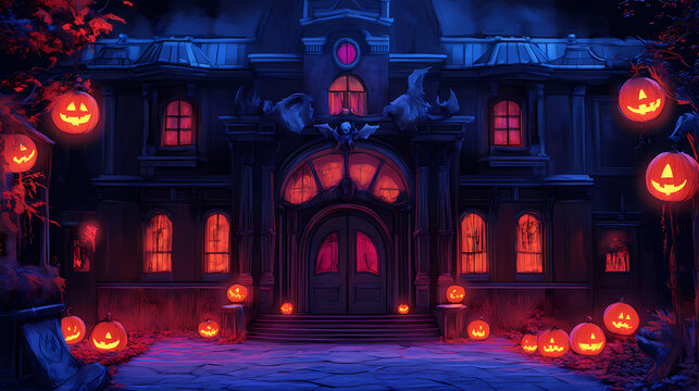 Spooky abandoned theater transformed for a halloween show glowing lanterns lining the entrance. Phantom. Illustration