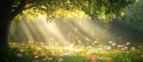 Sunbeams through leaves illuminating a vibrant spring meadow.