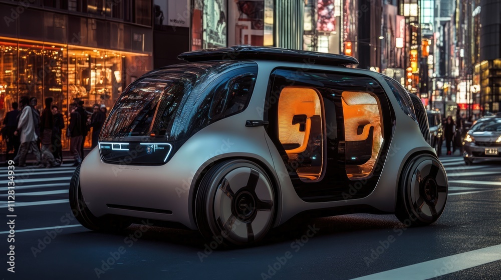 Poster a futuristic autonomous car navigating busy city streets, equipped with advanced sensors and cameras