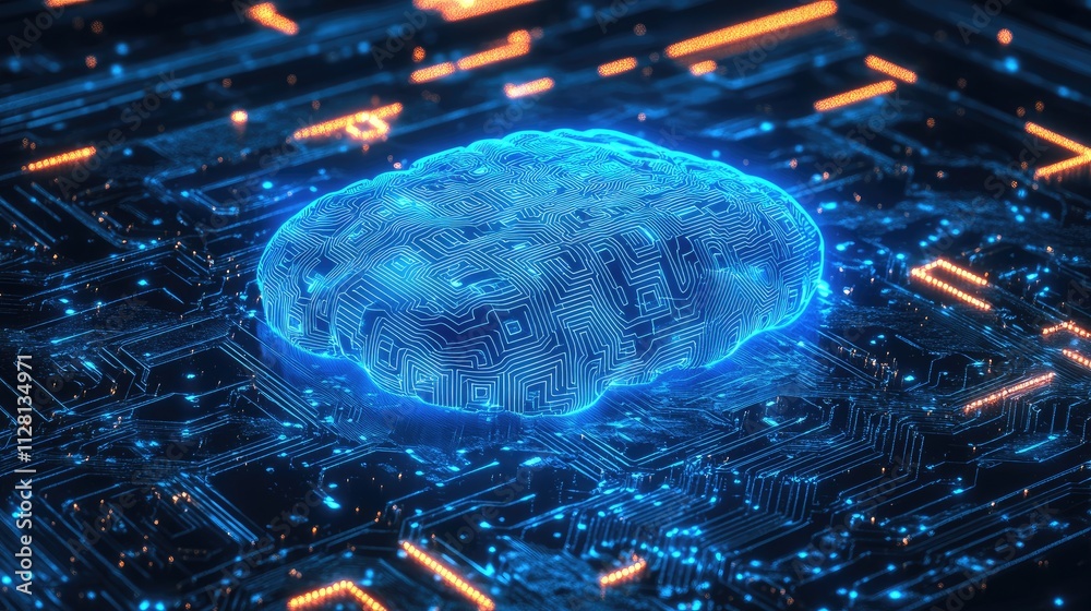 Aufkleber A futuristic blue digital technology core structure, glowing with intricate patterns and neon-like lines, representing advanced computing and artificial intelligence
