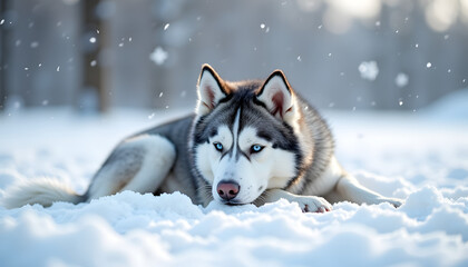 Naklejka premium Artistic shot of a Siberian Husky lying cozily in the snow surrounded by delicate snowflakes and picturesque winter landscape