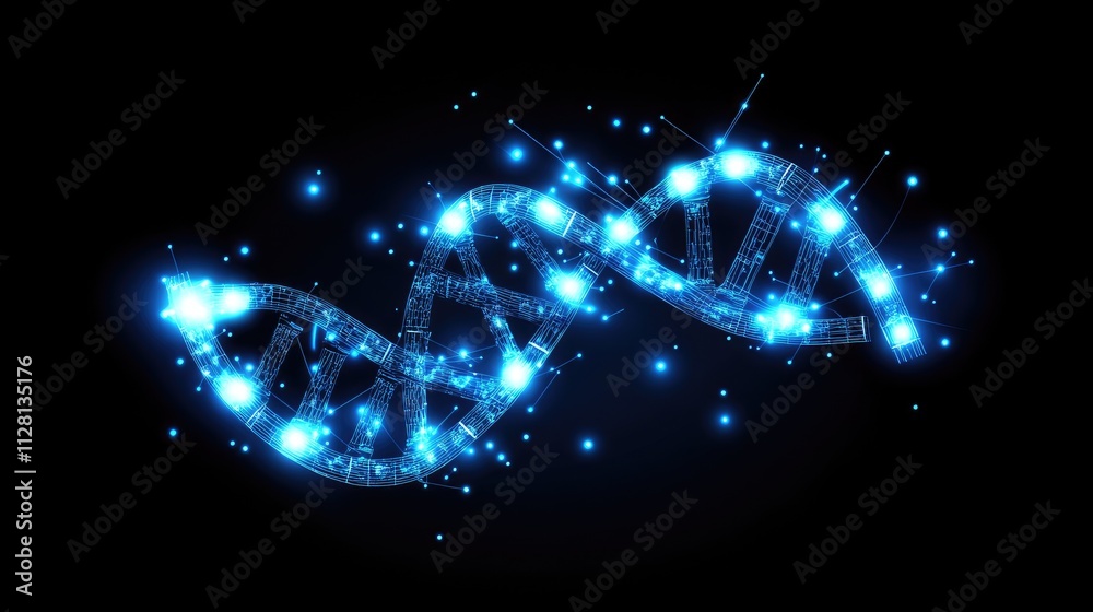 Poster a glowing digital dna helix on a deep blue and black background, symbolizing the intersection of tec