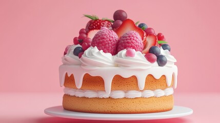 3D rendering of a cute cake with white cream and fruits on top an isolated background