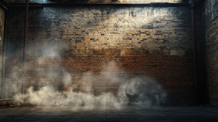 Fototapeta premium A grungy, smoky atmosphere in front of a distressed brick wall, conveying a sense of industrial decay and urban edge with dramatic lighting